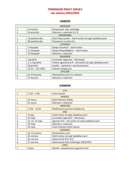 TERMINARZ PRACY SZKOŁY 2024/2025