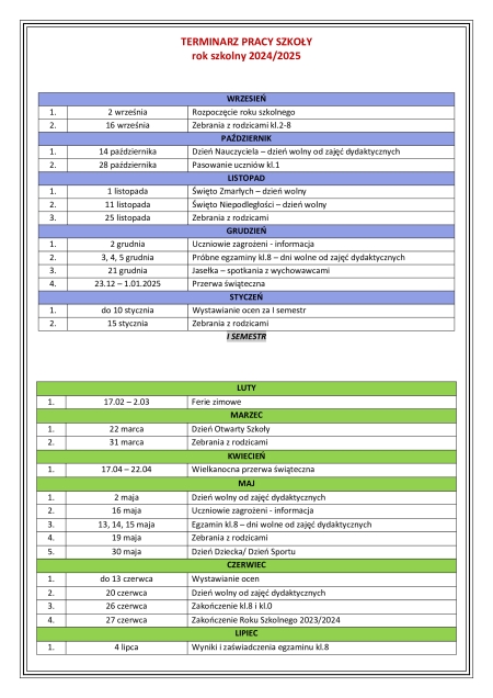 TERMINARZ PRACY SZKOŁY 2024/2025