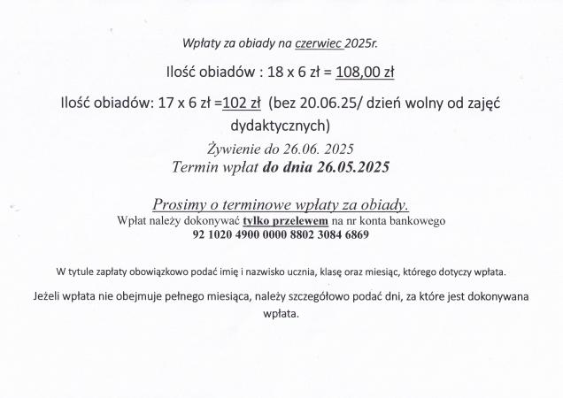 Opłaty za obiady w czerwcu