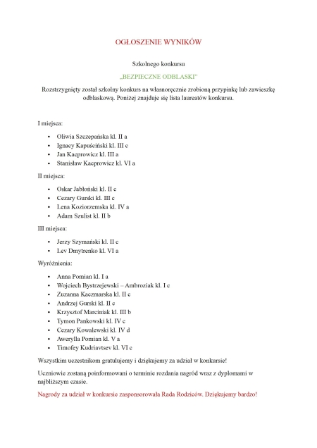 OGŁOSZENIE WYNIKÓW  Szkolnego konkursu „BEZPIECZNE ODBLASKI”