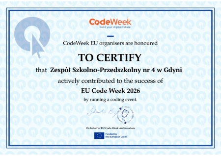 Nasza szkoła z certyfikatem Europejskiego Tygodnia Kodowania Code Week 2026!